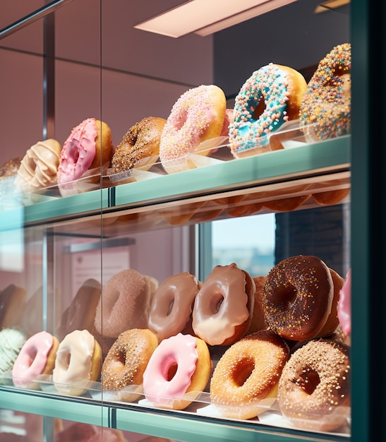 Foto gratuita deliciosa tienda de donas ai generada.