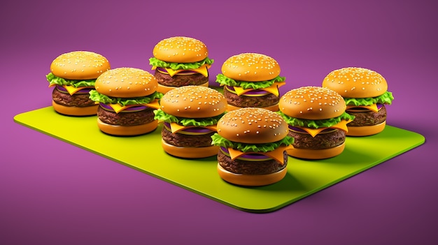 Deliciosas hamburguesas en 3D cuidadosamente dispuestas