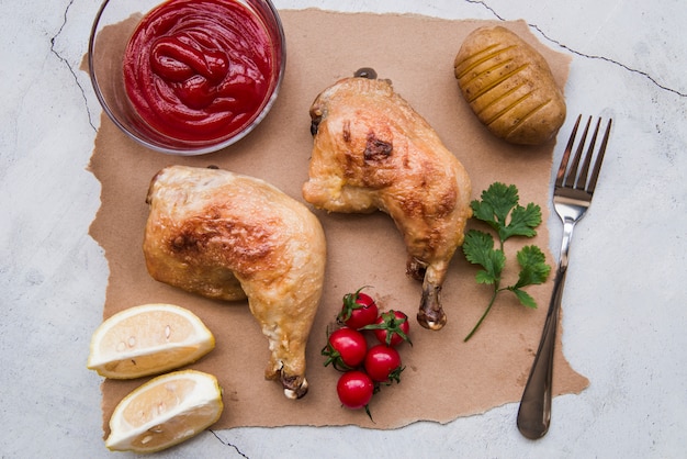 Deliciosas patas de pollo a la plancha para la cena en papel marrón.