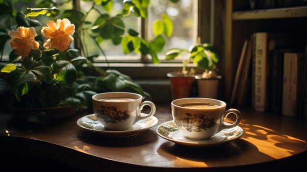 Deliciosas tazas de café con plantas.