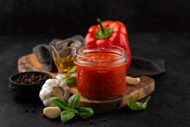 Delicioso arreglo de salsa de pimiento rojo