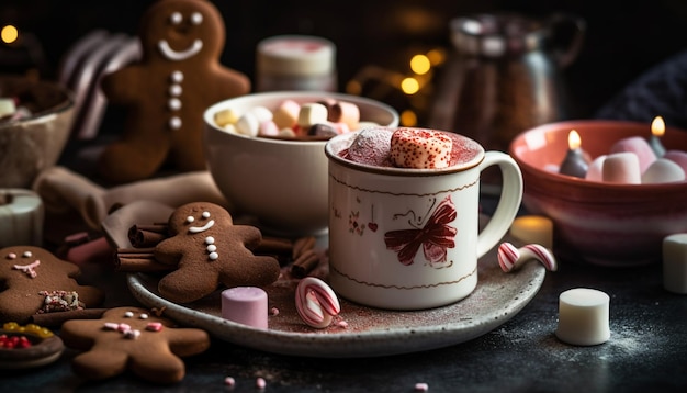 Foto gratuita el delicioso chocolate caliente calienta el invierno con alegría generada por ia