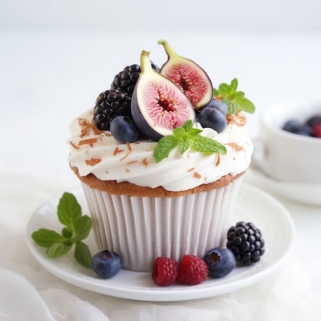 Foto gratuita delicioso cupcake con frutos rojos e higos.