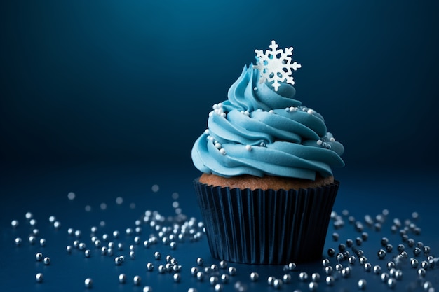 Foto gratuita delicioso cupcake con glaseado azul