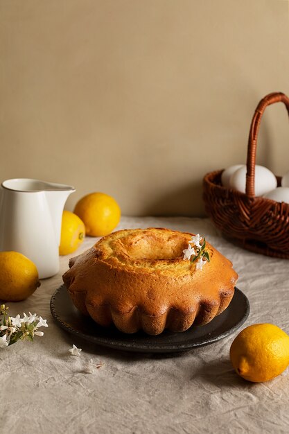 Delicioso pastel de alto ángulo y limones.