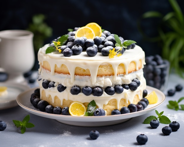 Delicioso pastel con bayas y limón.