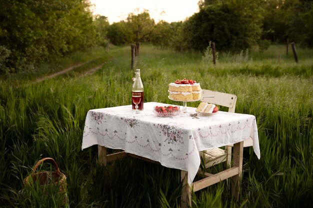 Delicioso pastel y bebida en la mesa al aire libre