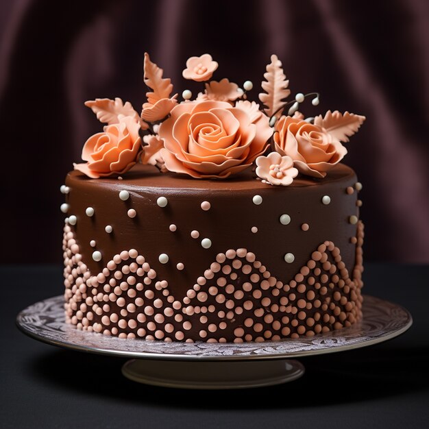 Delicioso pastel de chocolate con flores