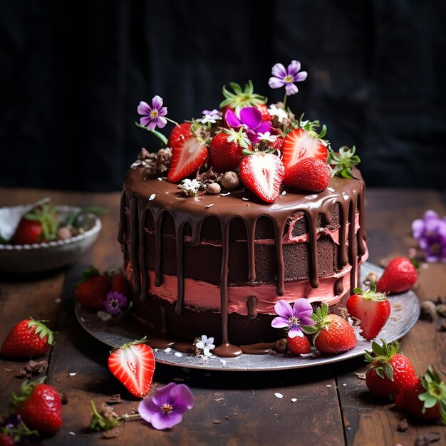 Delicioso pastel de chocolate con flores