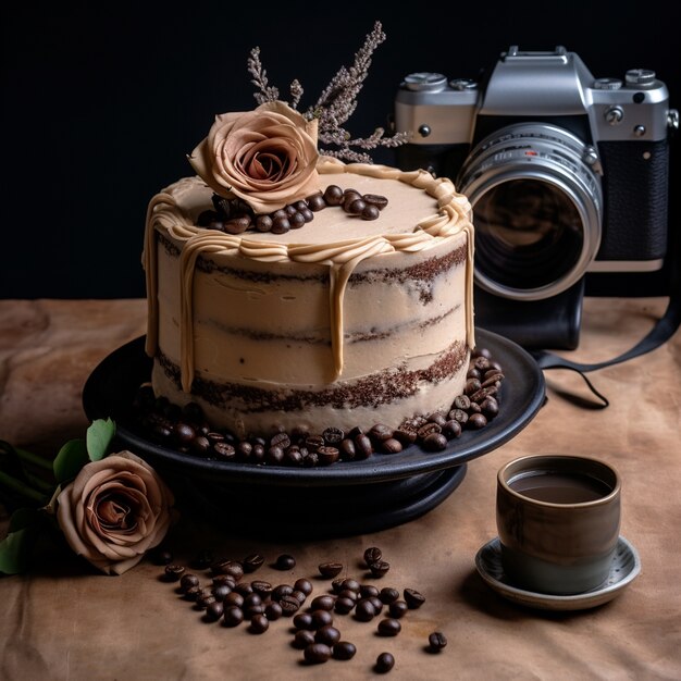 Delicioso pastel de chocolate con flores