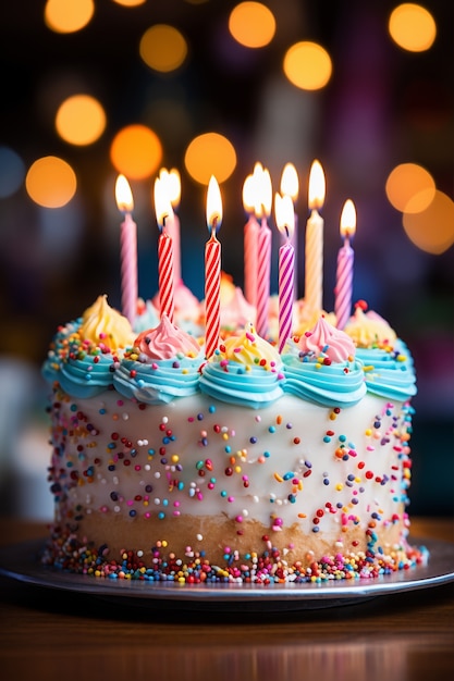 Delicioso pastel de cumpleaños con velas