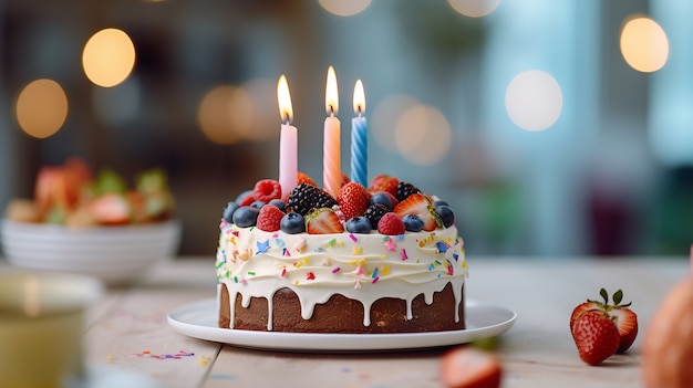 Delicioso pastel de cumpleaños con velas