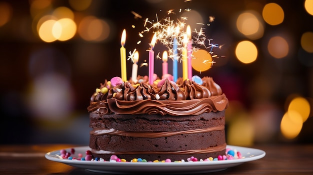 Delicioso pastel de cumpleaños con velas