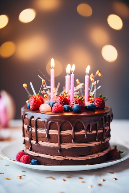 Delicioso pastel de cumpleaños con velas