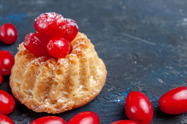 delicioso pastel dulce con cornejos rojos sobre gris oscuro