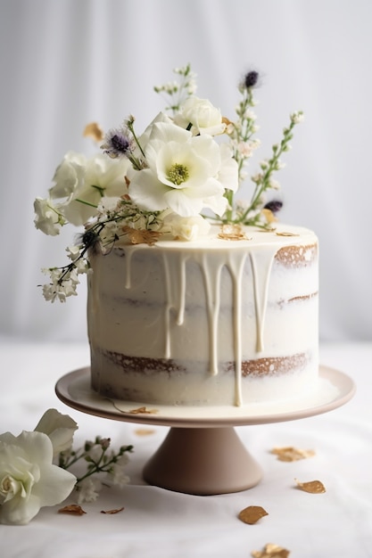 Delicioso pastel con flores en el stand