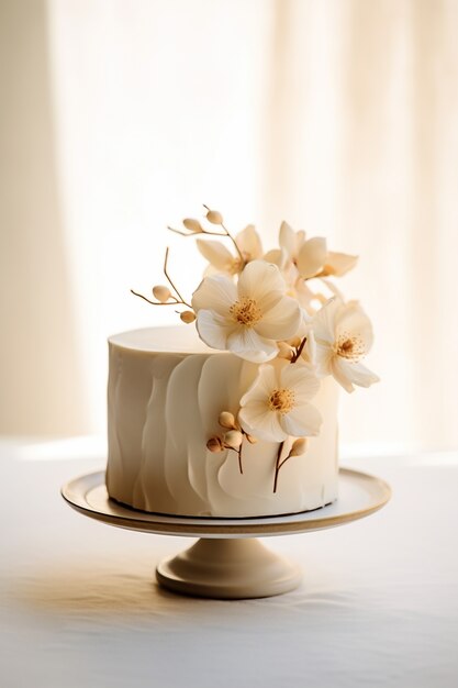 Delicioso pastel con flores en el stand