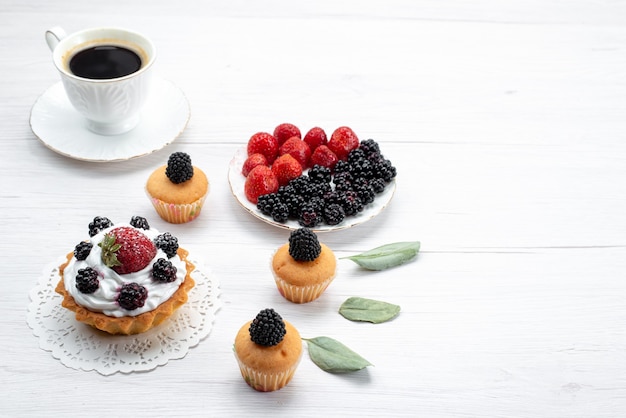 Delicioso pastelito con crema y bayas, galletas y bayas dentro de la placa en el escritorio blanco, bizcocho de bizcocho de frutas para hornear