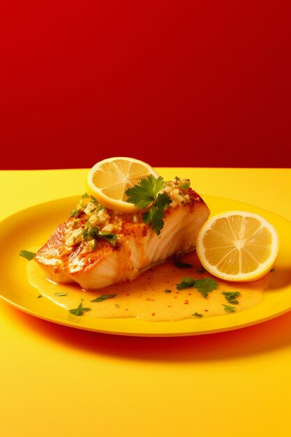 Delicioso pescado mahi mahi de alto ángulo con limón