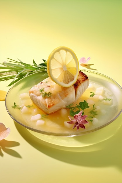 Foto gratuita delicioso pescado mahi mahi de alto ángulo con limón