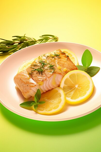 Foto gratuita delicioso pescado mahi mahi de alto ángulo con limón