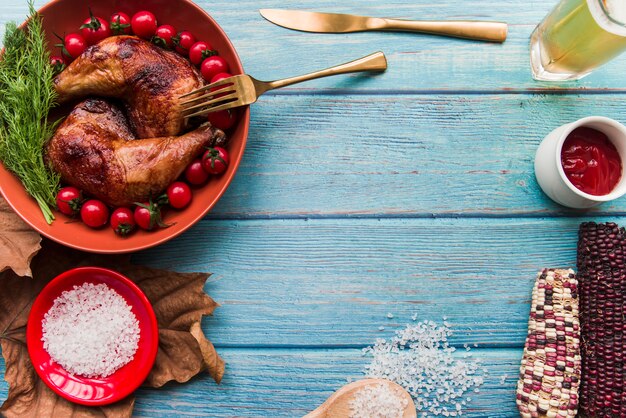 Delicioso pollo asado para la cena con cerveza; sal; salsa; Tomates de maíz y cereza en mesa