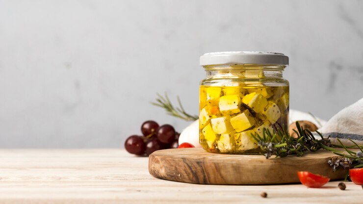 Foto gratuito delicioso queso en frasco con espacio de copia