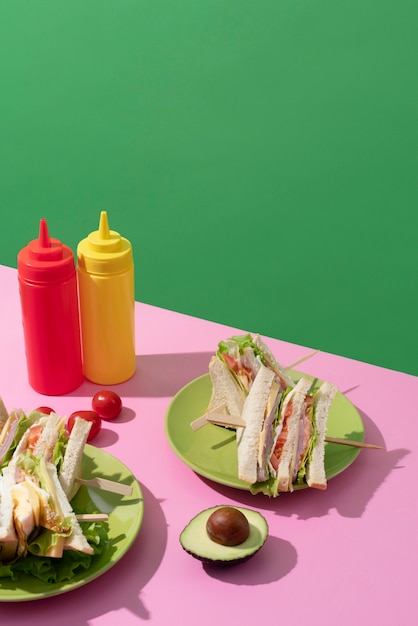 Foto gratuita deliciosos bocadillos en platos de ángulo alto