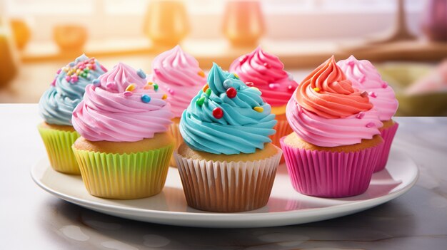 Deliciosos cupcakes con glaseado colorido