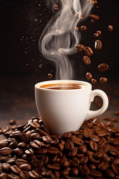 Deliciosos granos de café y taza