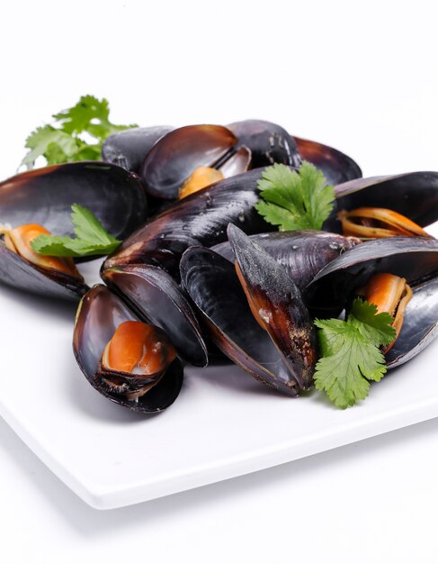 Deliciosos mejillones en blanco