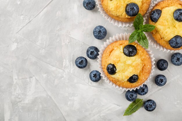 Deliciosos muffins con espacio de copia de arándanos