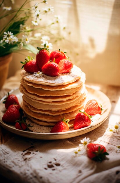 Deliciosos panqueques fotorrealistas con fresas