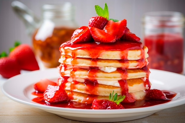 Deliciosos panqueques fotorrealistas con fresas