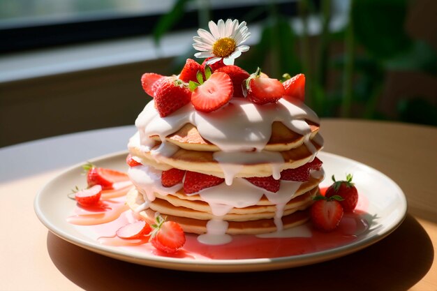 Deliciosos panqueques fotorrealistas con fresas