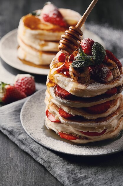 Deliciosos panqueques con fresas y miel