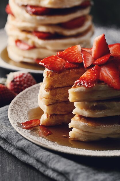 Deliciosos panqueques con frutas y miel.