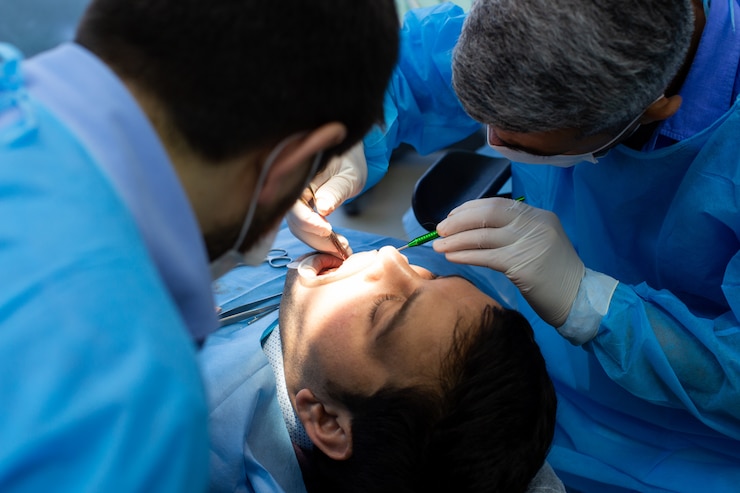 Foto gratuito dentista y asistente durante la cirugía en la clínica dental.