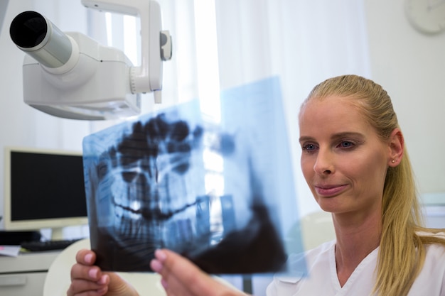 Foto gratuita dentista mirando la placa de rayos x dental