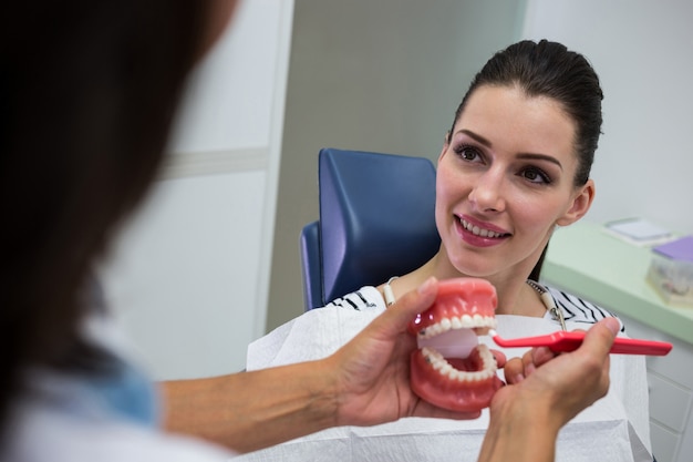 Foto gratuita dentista mostrando un conjunto de dientes modelo al paciente