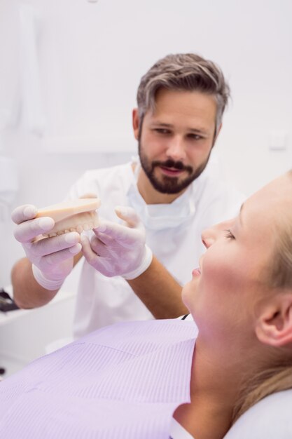 Dentista mostrando modelo de prótesis al paciente