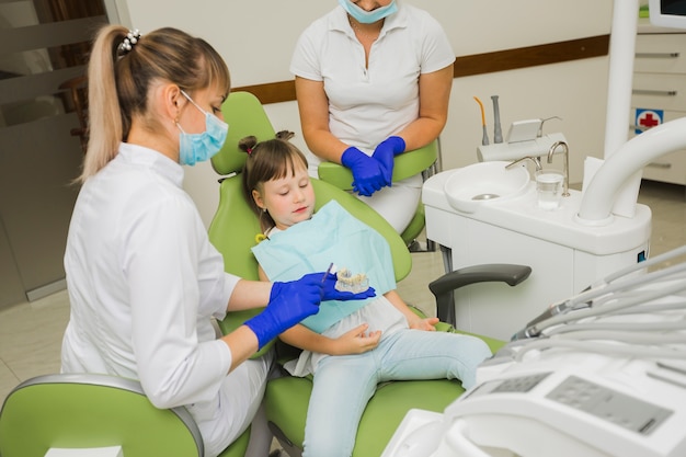 Dentista y niña mirando dentaduras
