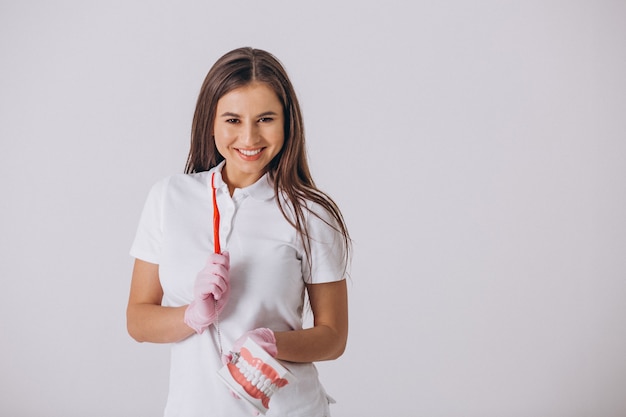 Dentista de sexo femenino con las herramientas de la odontología aisladas