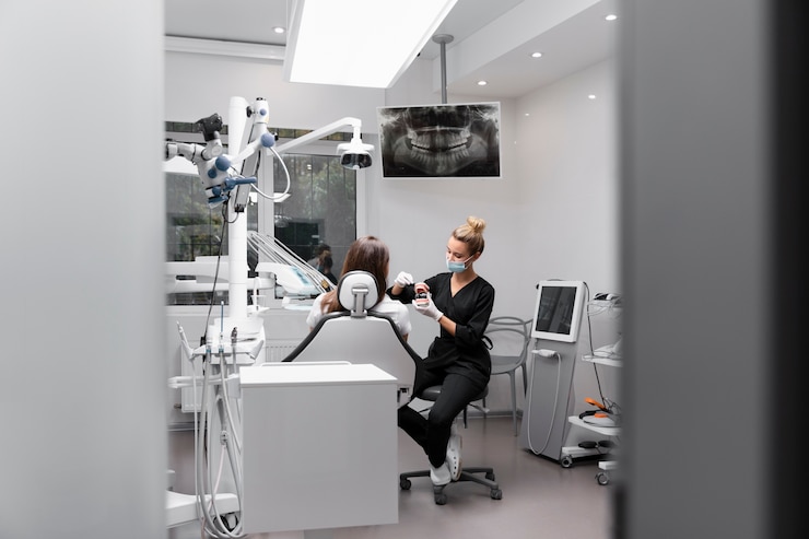 Foto gratuito dentista de tiro completo con paciente