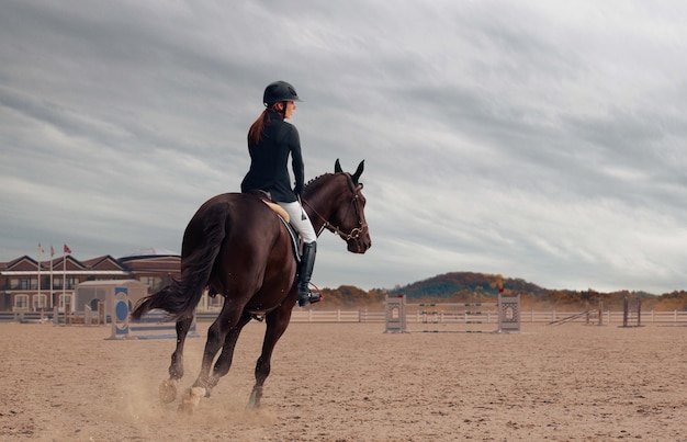 Deporte ecuestre Niña monta a caballo en el campeonato