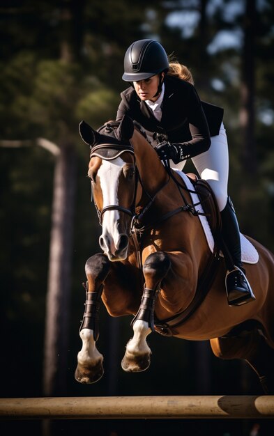 Deporte de equitación con jinete femenino.