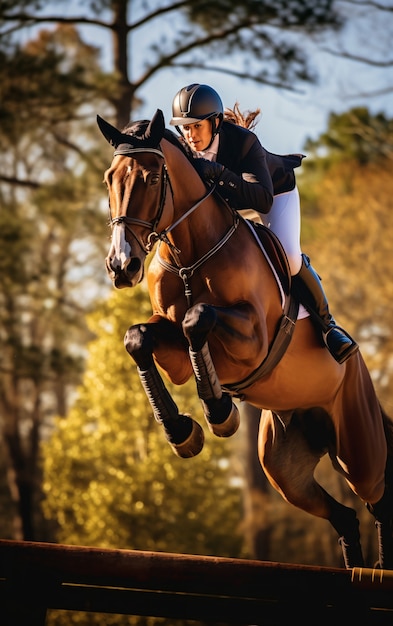 Deporte de equitación con jinete femenino.