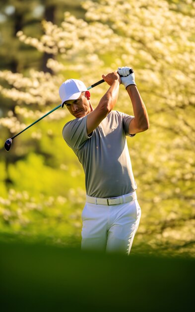 Deporte de golf con jugador y pelota en el césped.