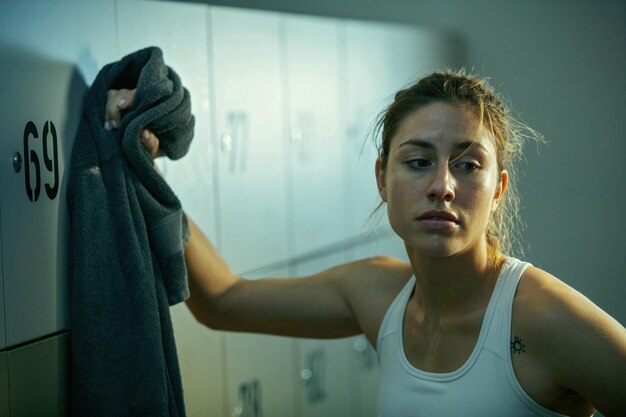 Deportista sudorosa con una toalla sintiéndose exhausta y tomando un descanso en el vestuario del gimnasio