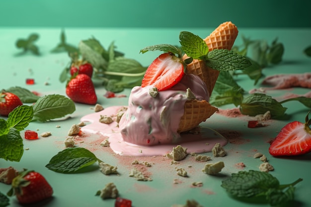 Derretir helado con menta y fresas